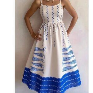 Boho Star Fish Print High Waisted Tie Back Cami Dress